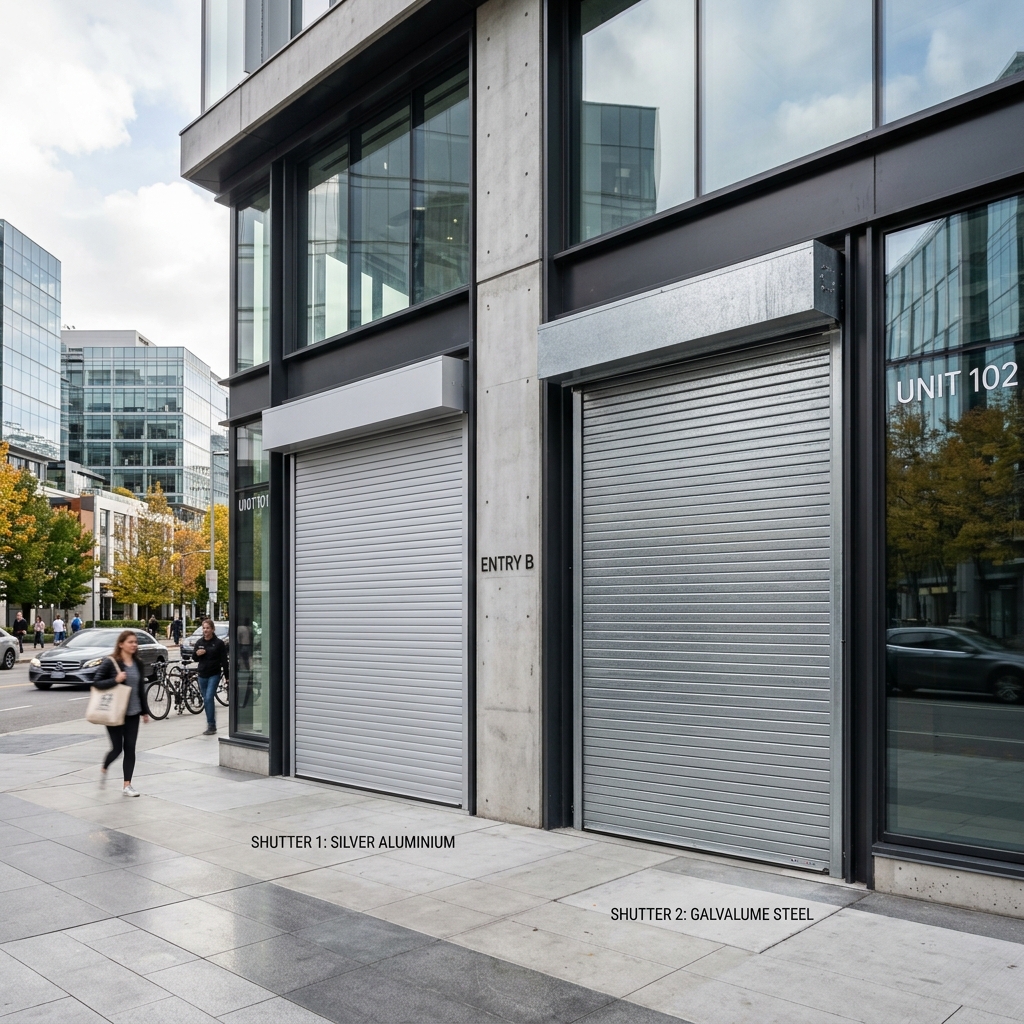 Modern building with rolling shutters — aluminium vs galvalume comparison